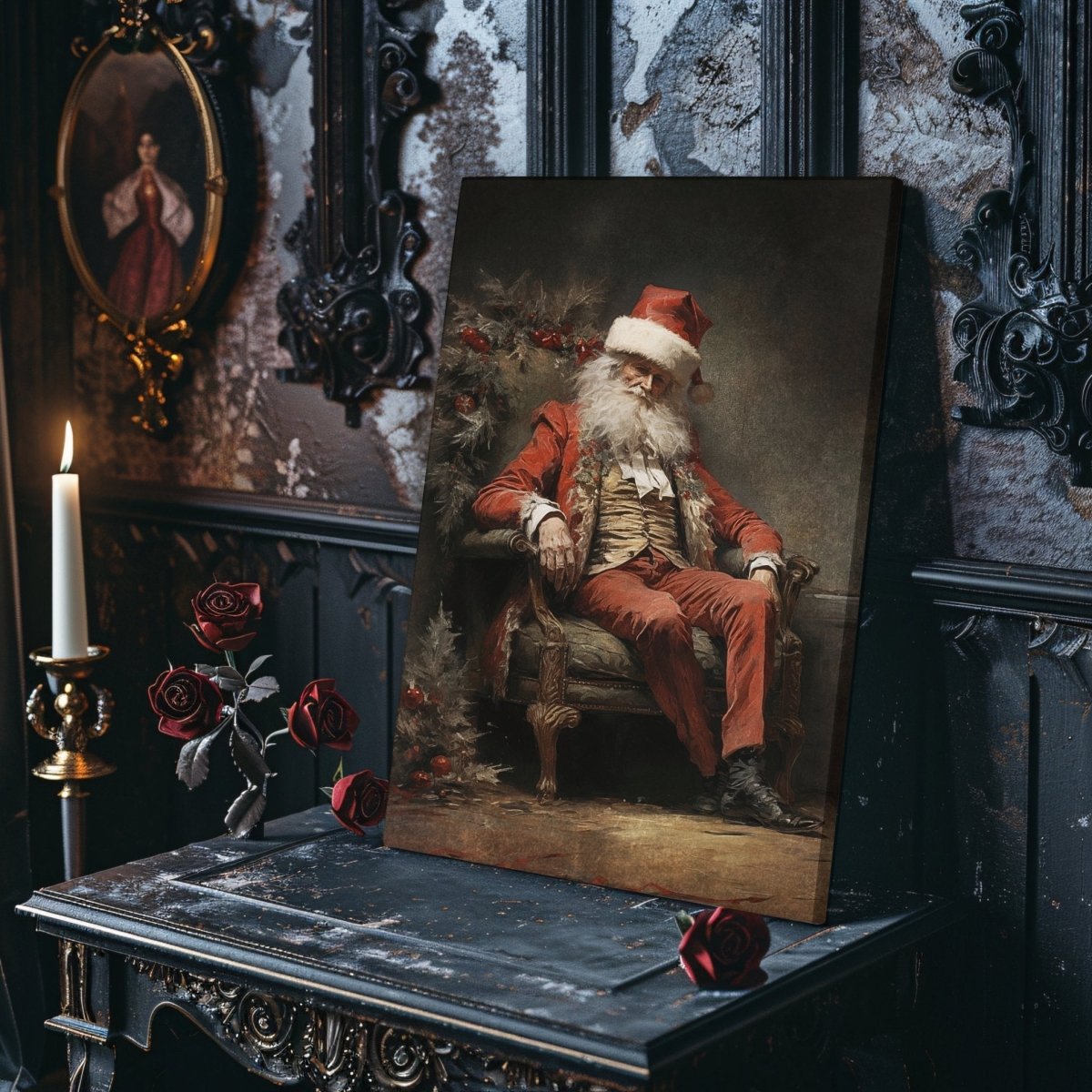 Vintage Tired Santa Canvas Print – Contemplative Holiday Scene with Antique Charm - Everything Pixel