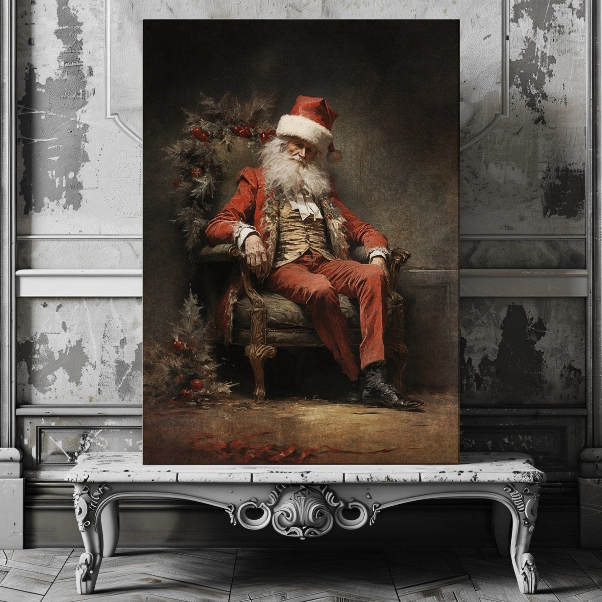 Vintage Tired Santa Canvas Print – Contemplative Holiday Scene with Antique Charm - Everything Pixel