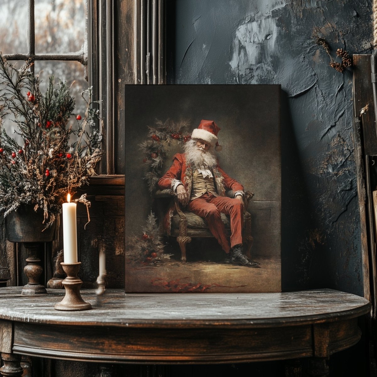 Vintage Tired Santa Canvas Print – Contemplative Holiday Scene with Antique Charm - Everything Pixel