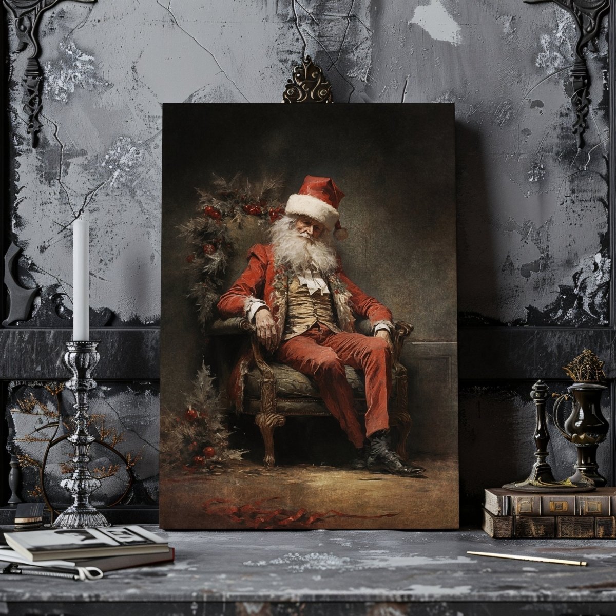 Vintage Tired Santa Canvas Print – Contemplative Holiday Scene with Antique Charm - Everything Pixel