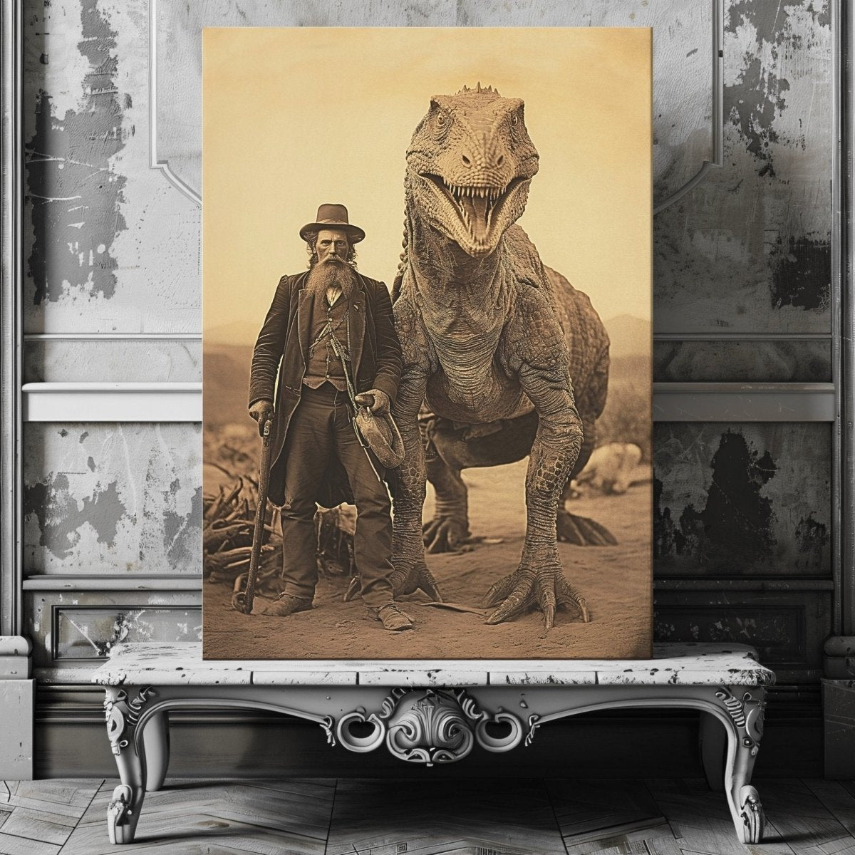 Vintage Wall Art Canvas Print of Old Man and Living Dinosaur in Wild West - Creepy Dinosaur Print - Everything Pixel