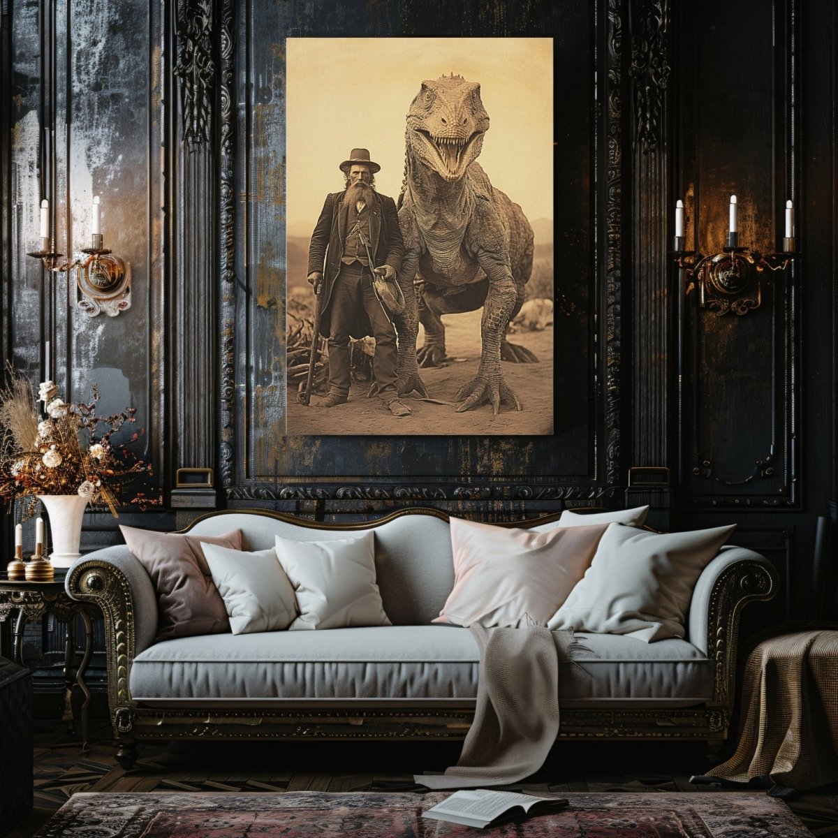 Vintage Wall Art Canvas Print of Old Man and Living Dinosaur in Wild West - Creepy Dinosaur Print - Everything Pixel