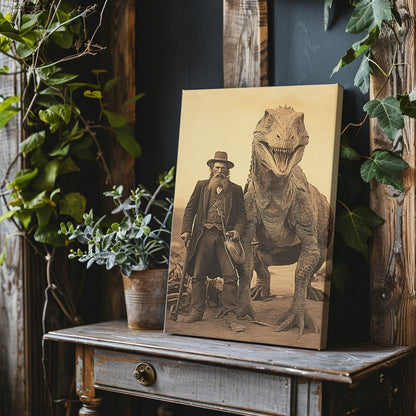 Vintage Wall Art Canvas Print of Old Man and Living Dinosaur in Wild West - Creepy Dinosaur Print - Everything Pixel