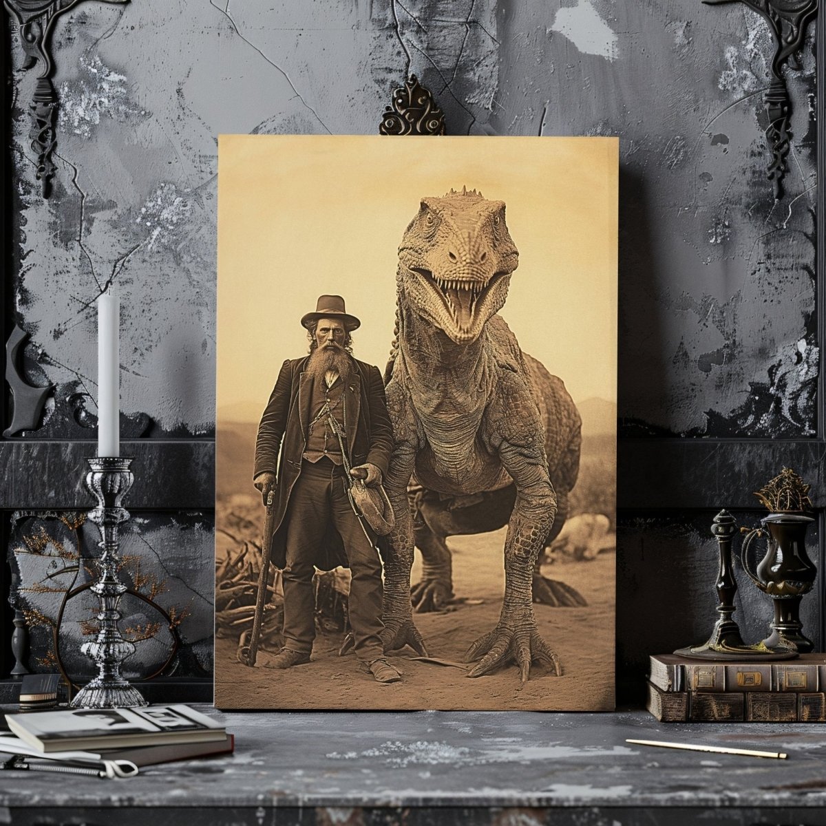 Vintage Wall Art Canvas Print of Old Man and Living Dinosaur in Wild West - Creepy Dinosaur Print - Everything Pixel