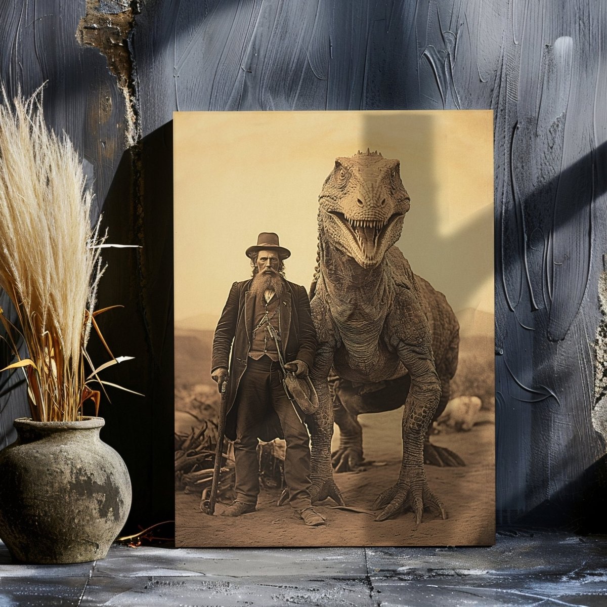 Vintage Wall Art Canvas Print of Old Man and Living Dinosaur in Wild West - Creepy Dinosaur Print - Everything Pixel