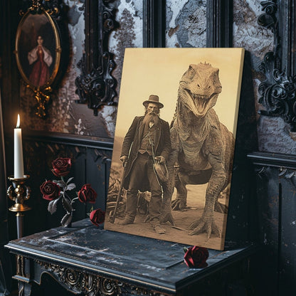 Vintage Wall Art Canvas Print of Old Man and Living Dinosaur in Wild West - Creepy Dinosaur Print - Everything Pixel