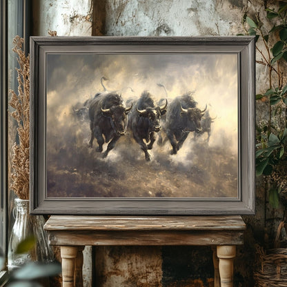 Vintage Wild West Bull Stampede Wall Art - Everything Pixel