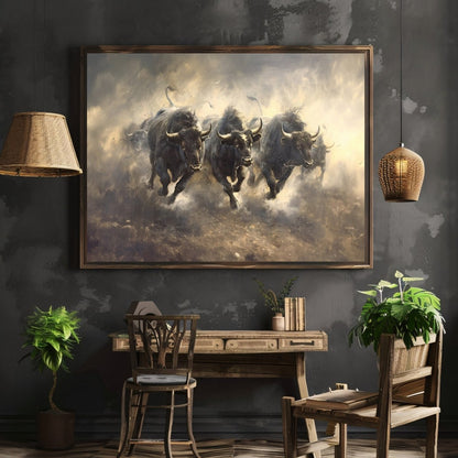 Vintage Wild West Bull Stampede Wall Art - Everything Pixel