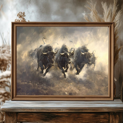 Vintage Wild West Bull Stampede Wall Art - Everything Pixel