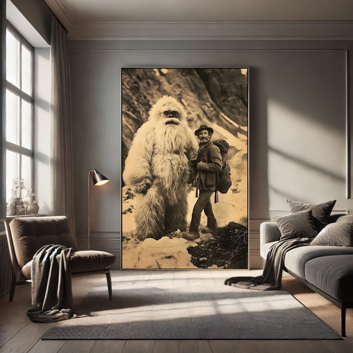 Vintage Yeti Encounter Wall Art Print – Mythical Cryptid in Snowy Mountain Landscape - Everything Pixel