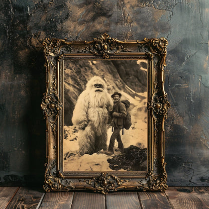 Vintage Yeti Encounter Wall Art Print – Mythical Cryptid in Snowy Mountain Landscape - Everything Pixel