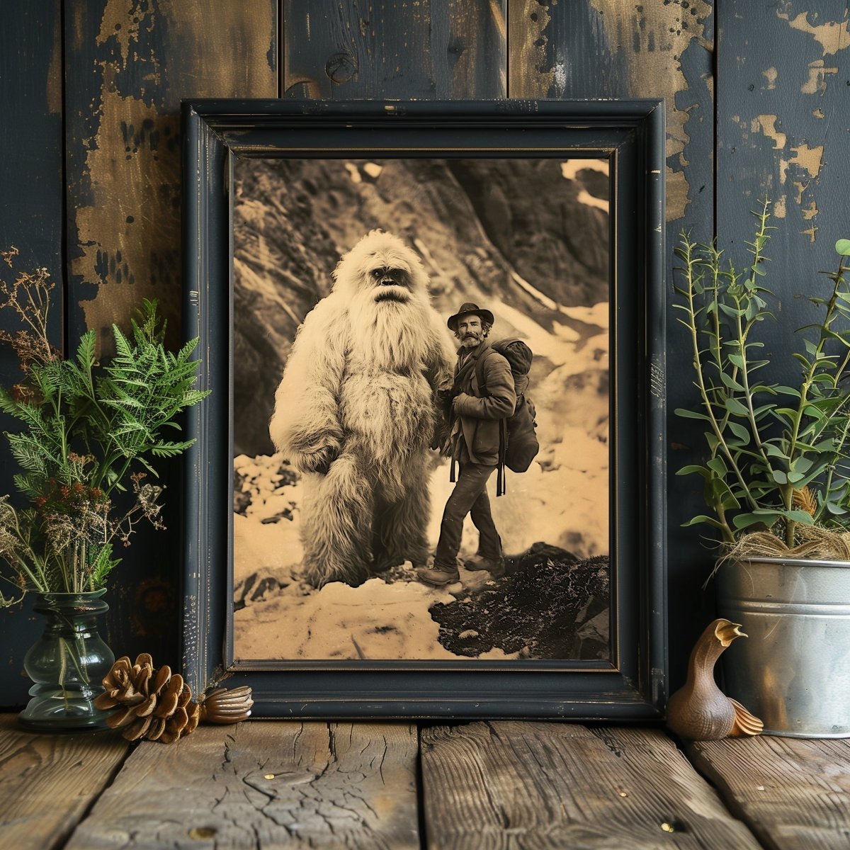 Vintage Yeti Encounter Wall Art Print – Mythical Cryptid in Snowy Mountain Landscape - Everything Pixel