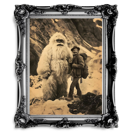 Vintage Yeti Encounter Wall Art Print – Mythical Cryptid in Snowy Mountain Landscape - Everything Pixel