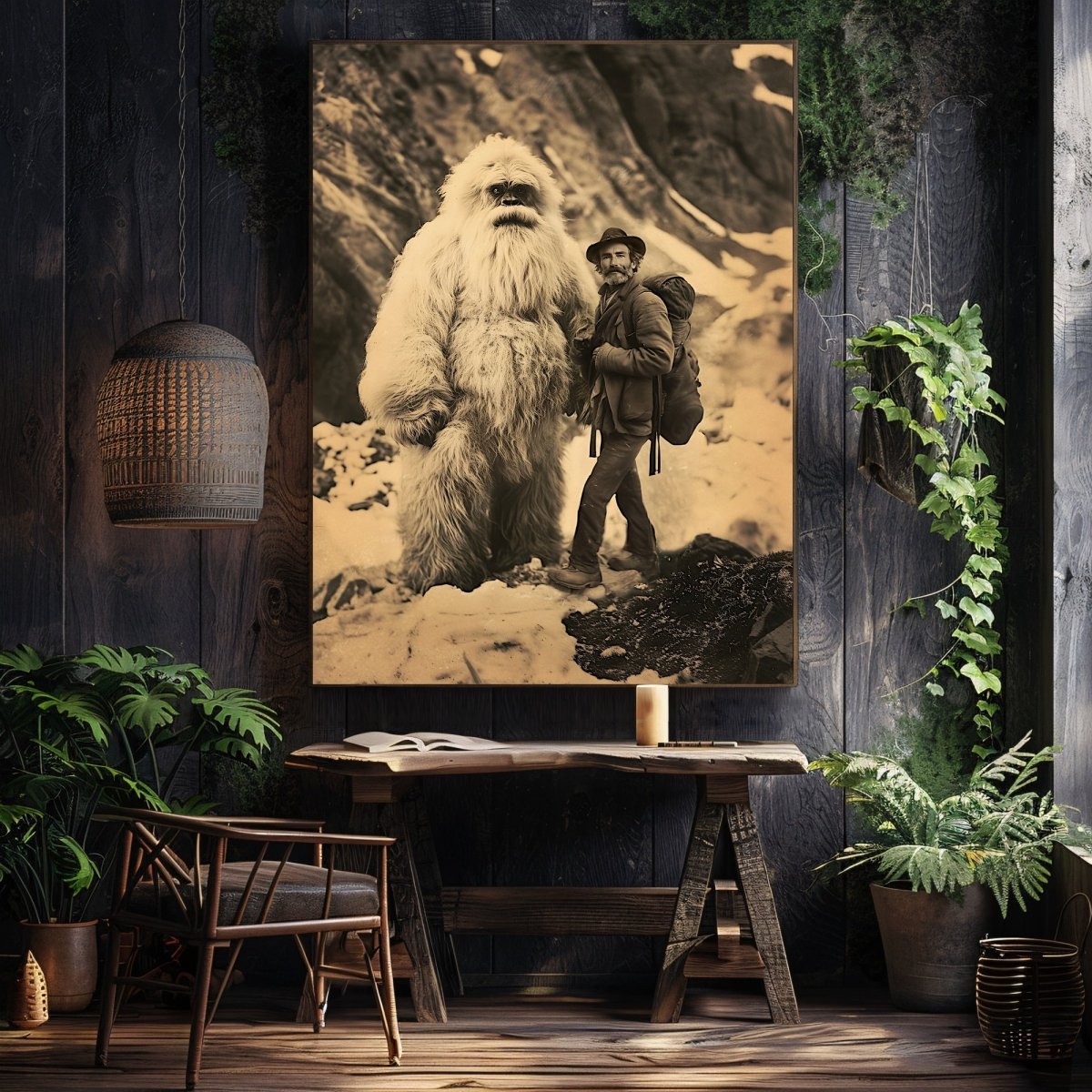 Vintage Yeti Encounter Wall Art Print – Mythical Cryptid in Snowy Mountain Landscape - Everything Pixel