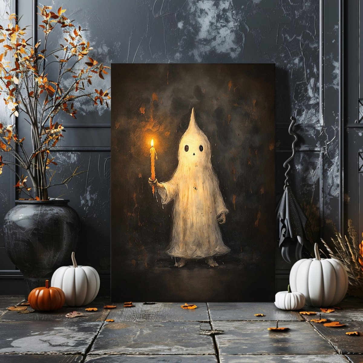 Whimsical Ghost Holding Candle Canvas Print – Playful Halloween Gothic Wall Decor - Everything Pixel