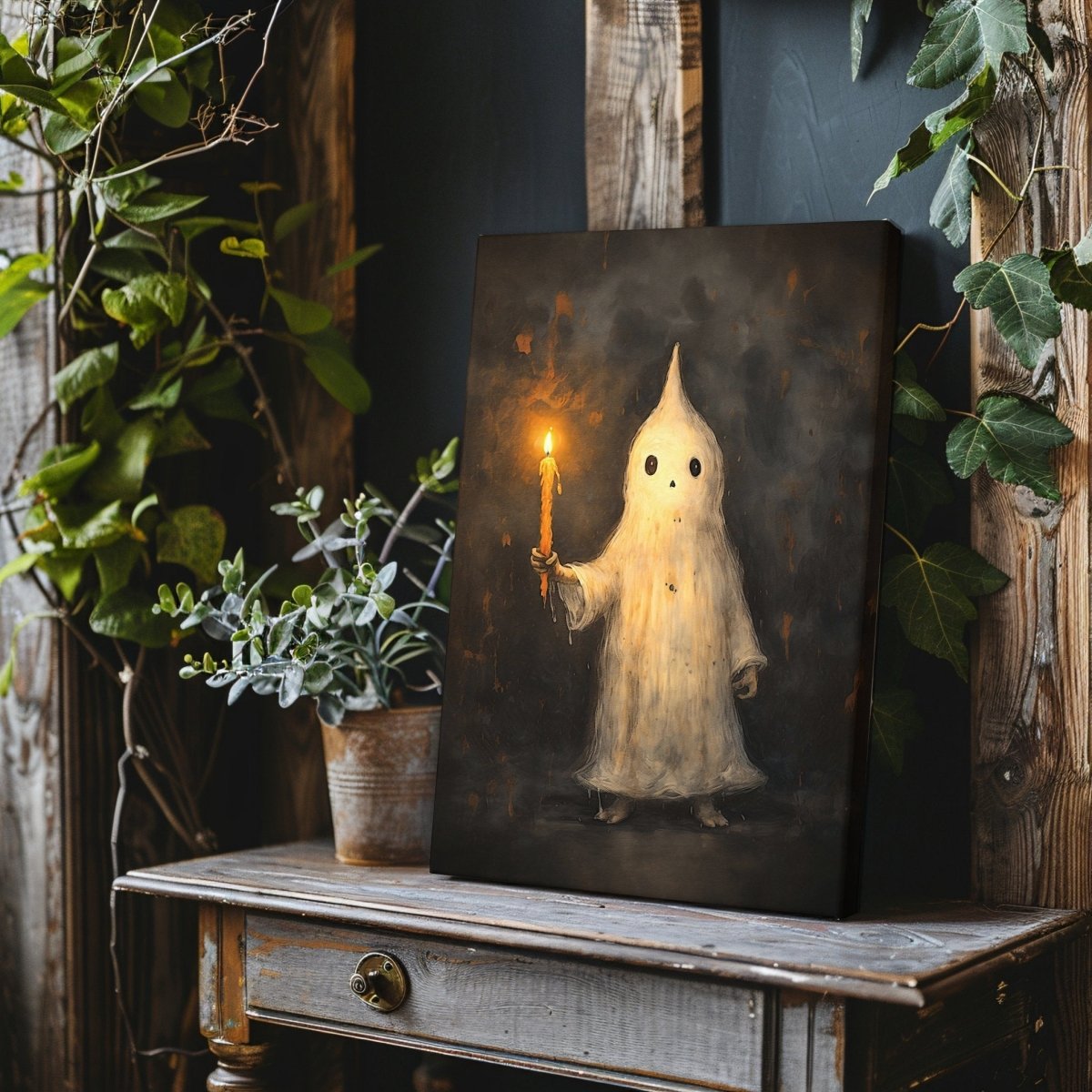 Whimsical Ghost Holding Candle Canvas Print – Playful Halloween Gothic Wall Decor - Everything Pixel