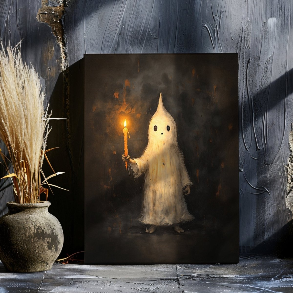 Whimsical Ghost Holding Candle Canvas Print – Playful Halloween Gothic Wall Decor - Everything Pixel