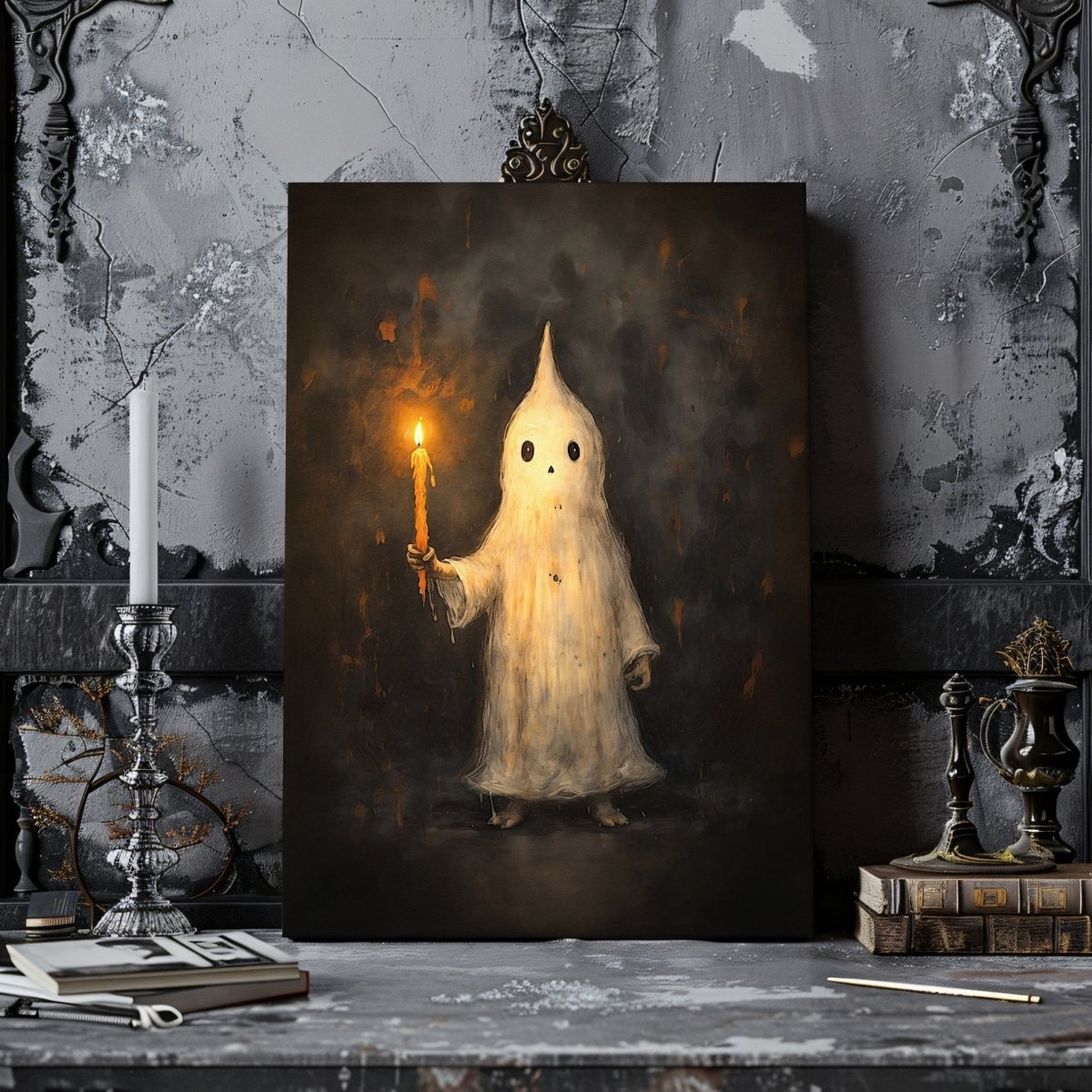 Whimsical Ghost Holding Candle Canvas Print – Playful Halloween Gothic Wall Decor - Everything Pixel