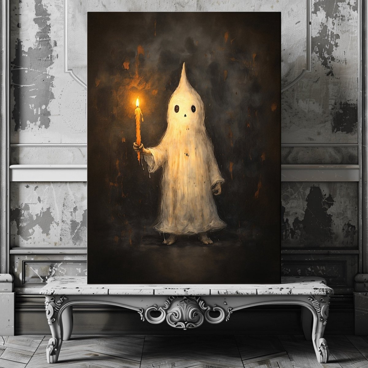 Whimsical Ghost Holding Candle Canvas Print – Playful Halloween Gothic Wall Decor - Everything Pixel