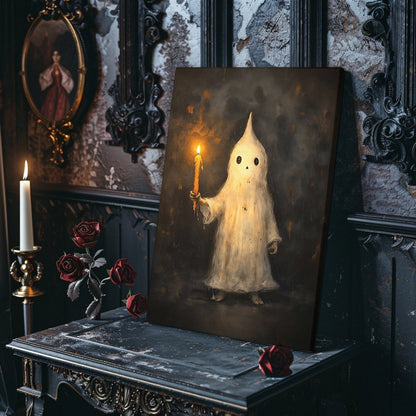 Whimsical Ghost Holding Candle Canvas Print – Playful Halloween Gothic Wall Decor - Everything Pixel