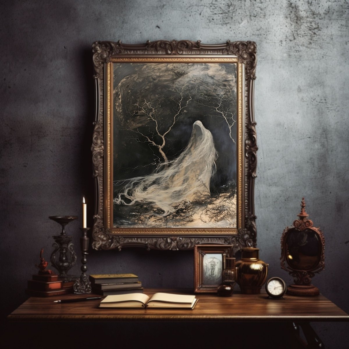 White Ghost Fading in Wind with Leafless Trees - Spooky Halloween Print - Gothic Wall Art - Everything Pixel