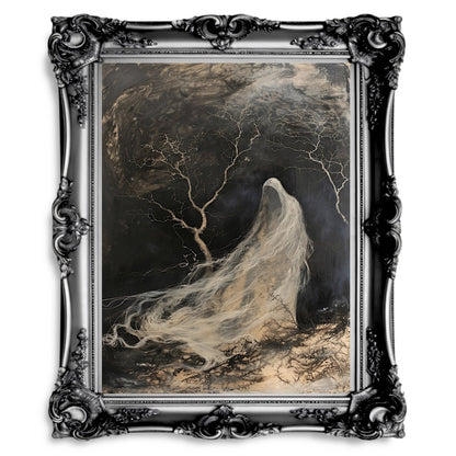 White Ghost Fading in Wind with Leafless Trees - Spooky Halloween Print - Gothic Wall Art - Everything Pixel