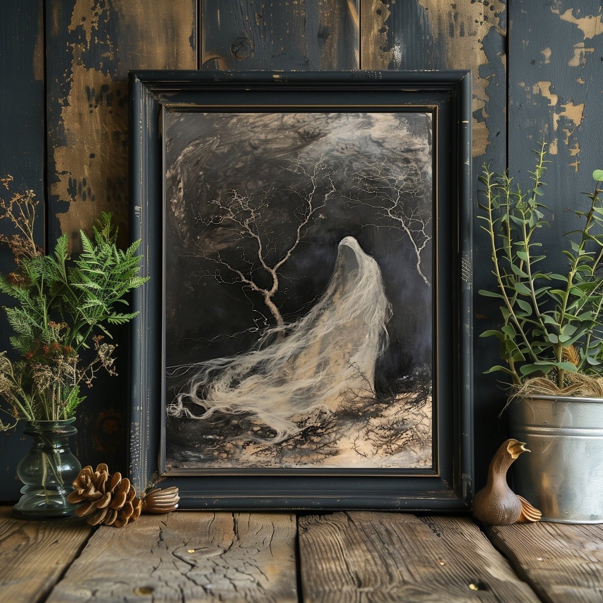 White Ghost Fading in Wind with Leafless Trees - Spooky Halloween Print - Gothic Wall Art - Everything Pixel