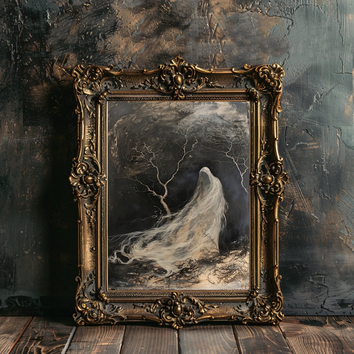 White Ghost Fading in Wind with Leafless Trees - Spooky Halloween Print - Gothic Wall Art - Everything Pixel