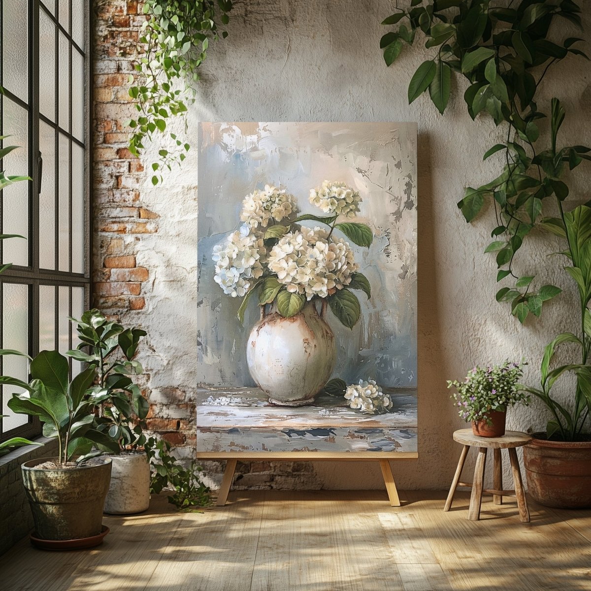 White Hydrangeas Canvas Print - Rustic Still Life Floral Art for Farmhouse & Cottagecore Decor - Everything Pixel