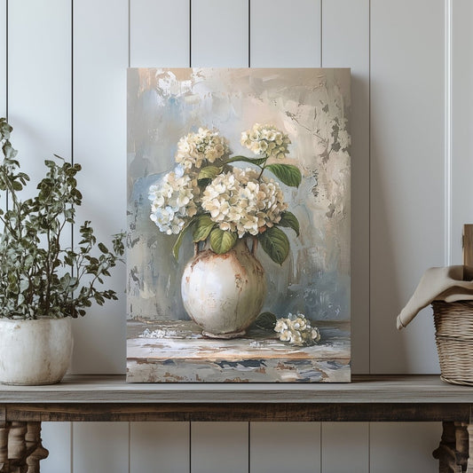 White Hydrangeas Canvas Print - Rustic Still Life Floral Art for Farmhouse & Cottagecore Decor - Everything Pixel