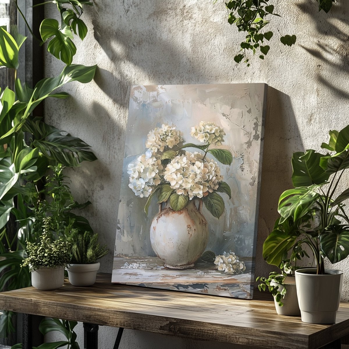 White Hydrangeas Canvas Print - Rustic Still Life Floral Art for Farmhouse & Cottagecore Decor - Everything Pixel