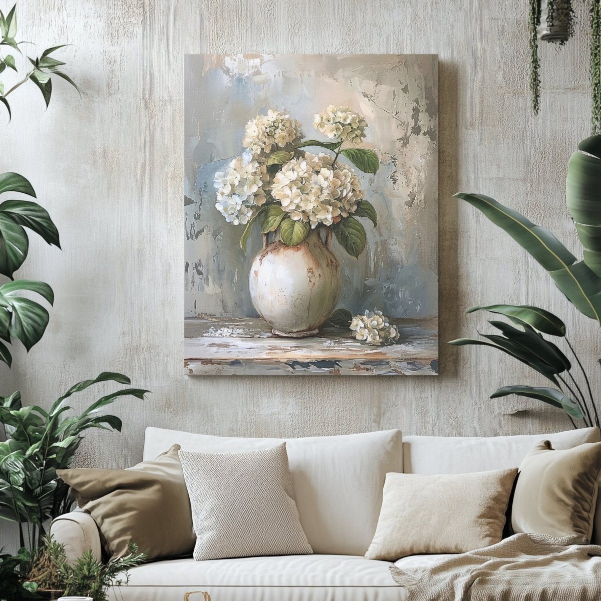 White Hydrangeas Canvas Print - Rustic Still Life Floral Art for Farmhouse & Cottagecore Decor - Everything Pixel