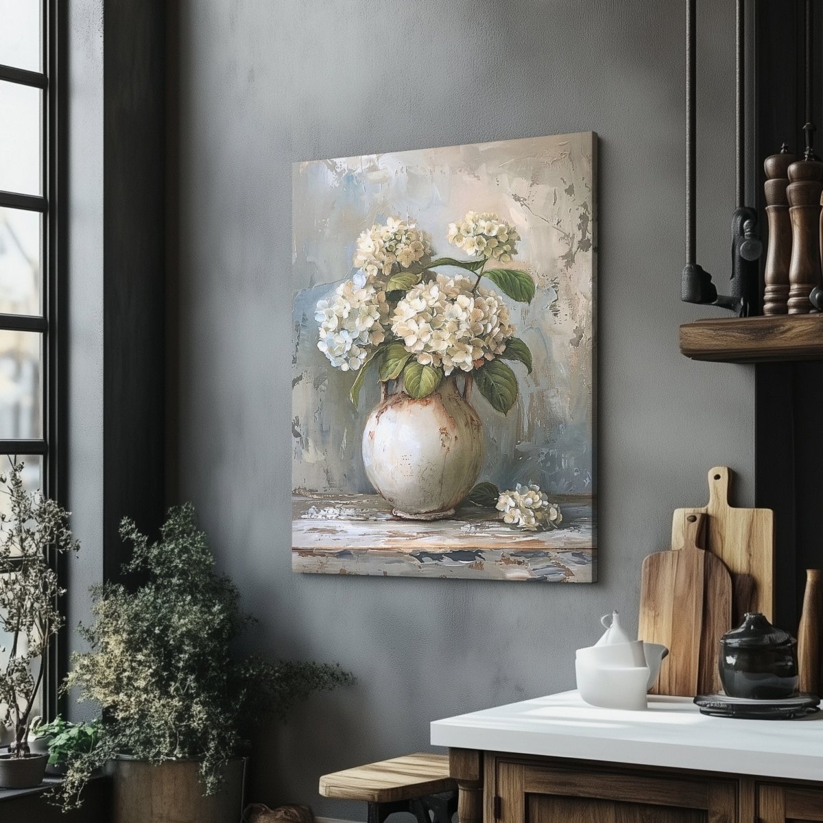 White Hydrangeas Canvas Print - Rustic Still Life Floral Art for Farmhouse & Cottagecore Decor - Everything Pixel