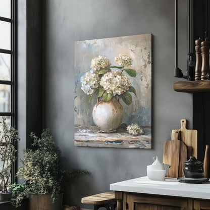 White Hydrangeas Canvas Print - Rustic Still Life Floral Art for Farmhouse & Cottagecore Decor - Everything Pixel