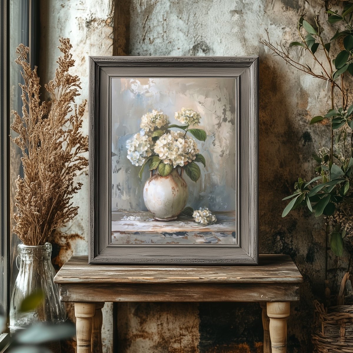 White Hydrangeas Still Life Painting - Vintage Wall Art Print - Everything Pixel