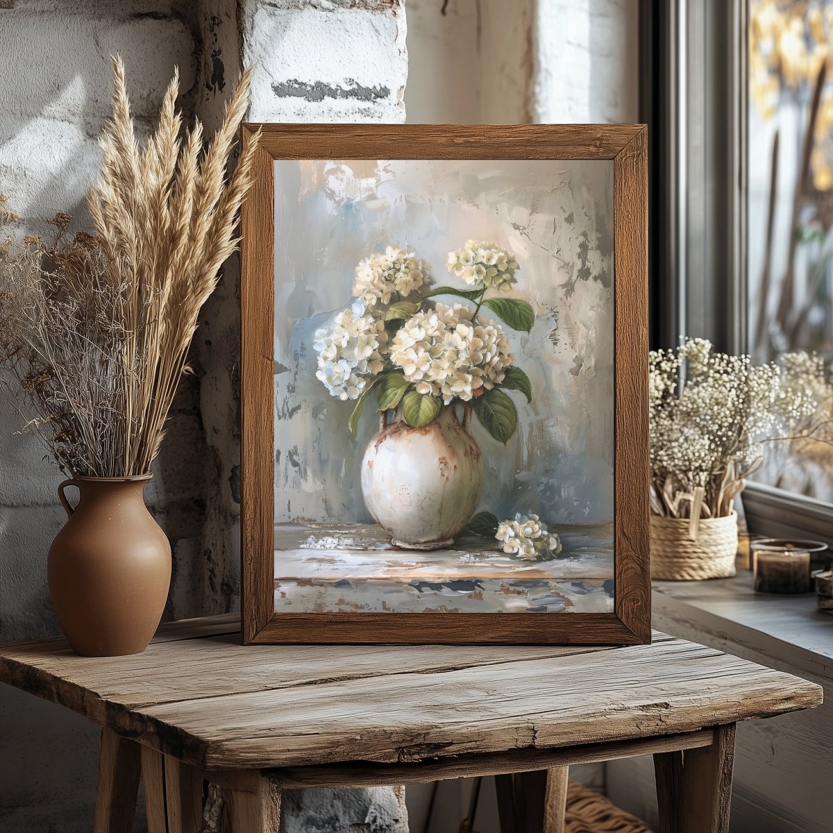 White Hydrangeas Still Life Painting - Vintage Wall Art Print - Everything Pixel