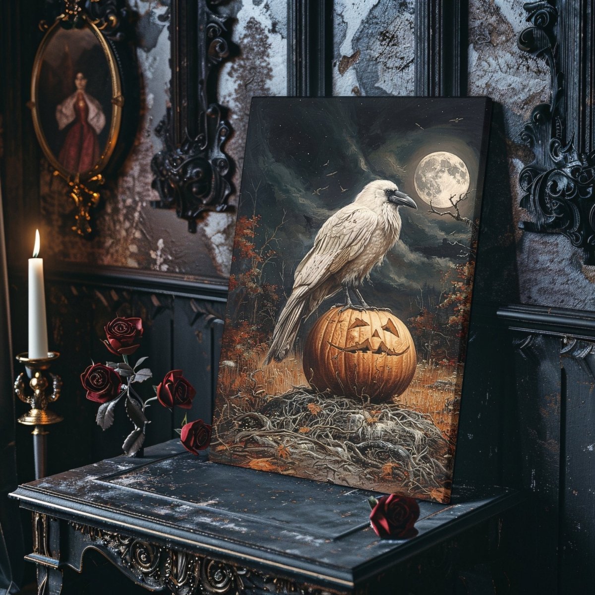 White Raven on Halloween Pumpkin in Full Moon Night - Gothic Canvas Print - Everything Pixel