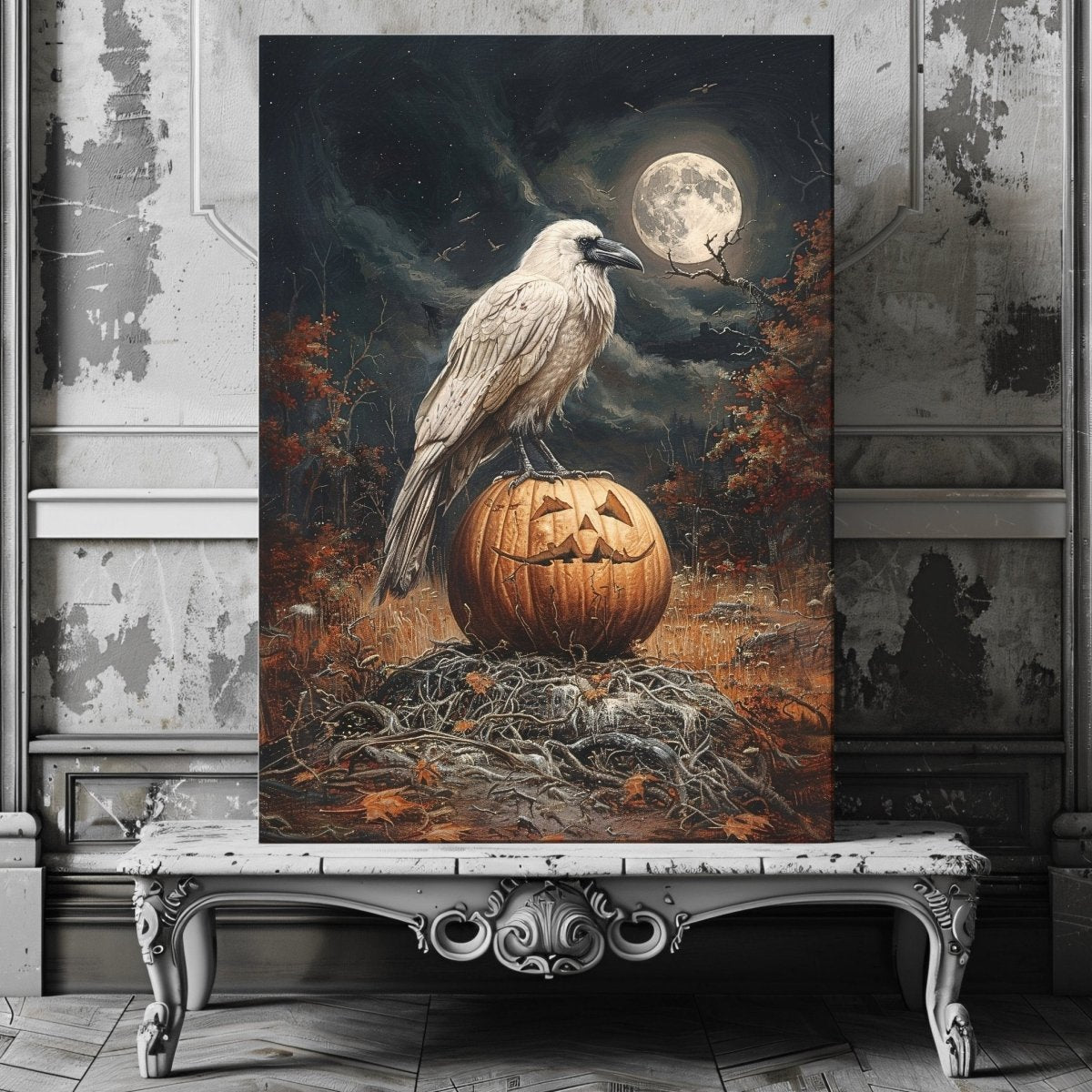 White Raven on Halloween Pumpkin in Full Moon Night - Gothic Canvas Print - Everything Pixel