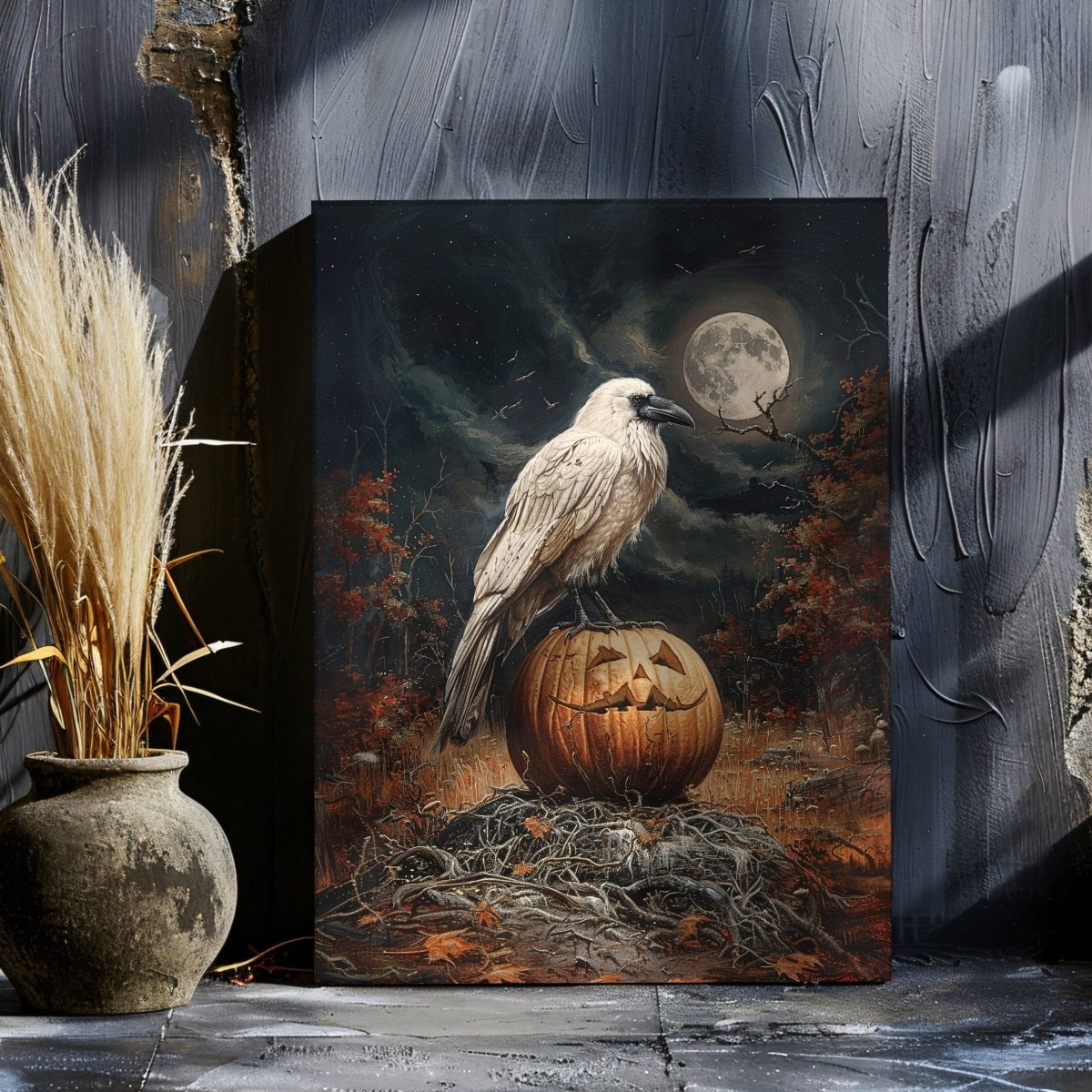 White Raven on Halloween Pumpkin in Full Moon Night - Gothic Canvas Print - Everything Pixel