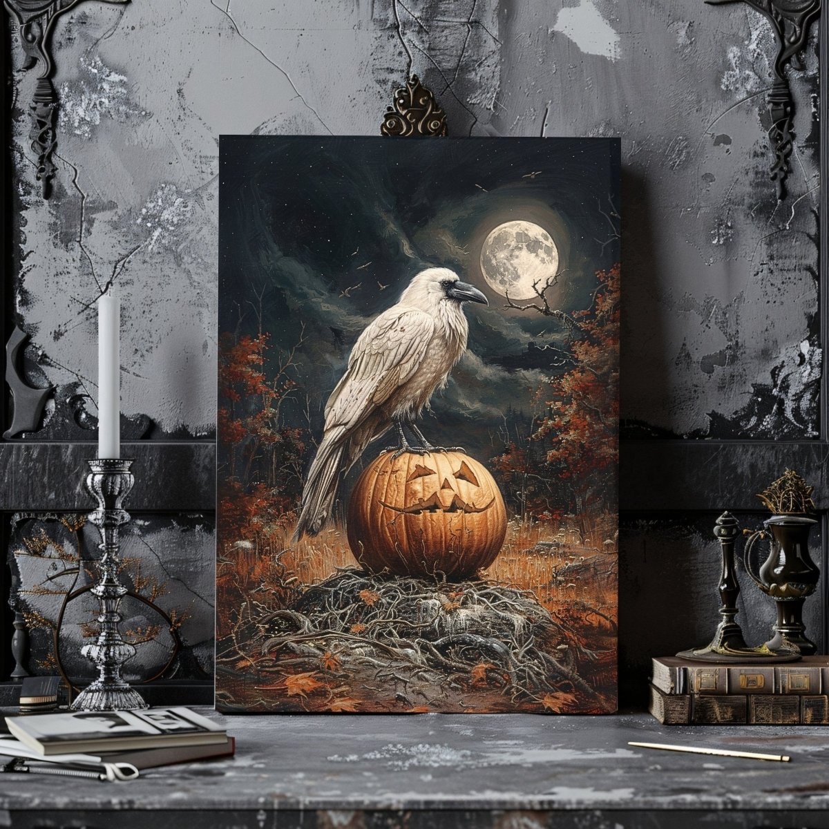 White Raven on Halloween Pumpkin in Full Moon Night - Gothic Canvas Print - Everything Pixel