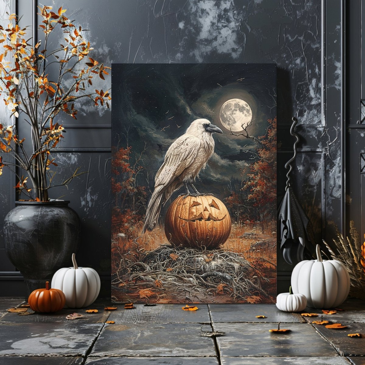 White Raven on Halloween Pumpkin in Full Moon Night - Gothic Canvas Print - Everything Pixel