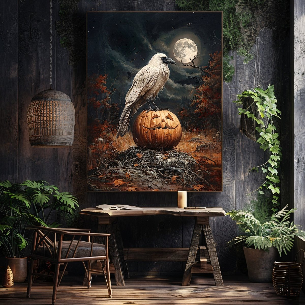 White Raven on Halloween Pumpkin in Full Moon Night - Gothic Wall Art Print - Everything Pixel