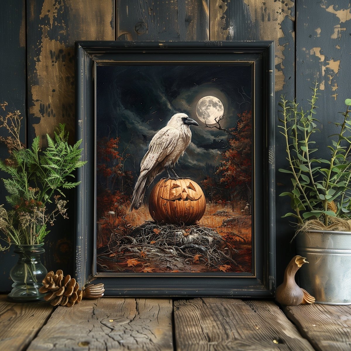 White Raven on Halloween Pumpkin in Full Moon Night - Gothic Wall Art Print - Everything Pixel