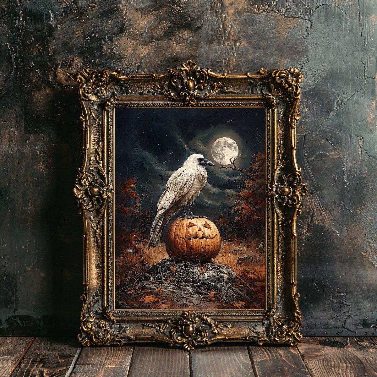 White Raven on Halloween Pumpkin in Full Moon Night - Gothic Wall Art Print - Everything Pixel