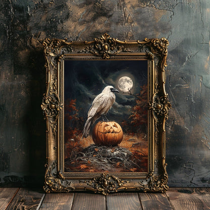 White Raven on Halloween Pumpkin in Full Moon Night - Gothic Wall Art Print - Everything Pixel