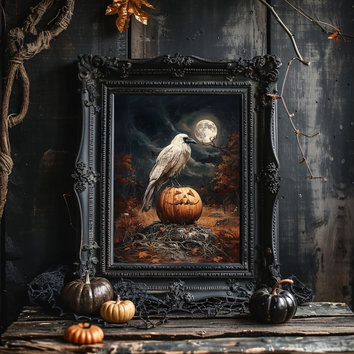 White Raven on Halloween Pumpkin in Full Moon Night - Gothic Wall Art Print - Everything Pixel