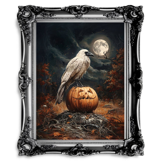 White Raven on Halloween Pumpkin in Full Moon Night - Gothic Wall Art Print - Everything Pixel