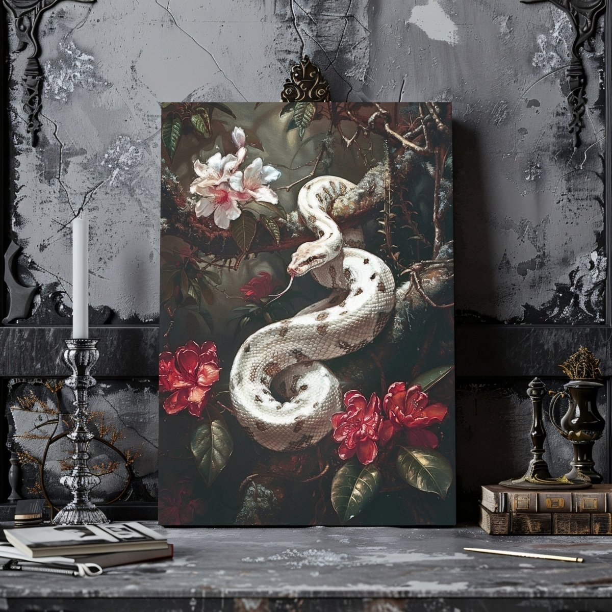 White Serpent Dark Canvas Print - Gothic Serpent Floral, Exotic Wildlife Botanical Art - Everything Pixel