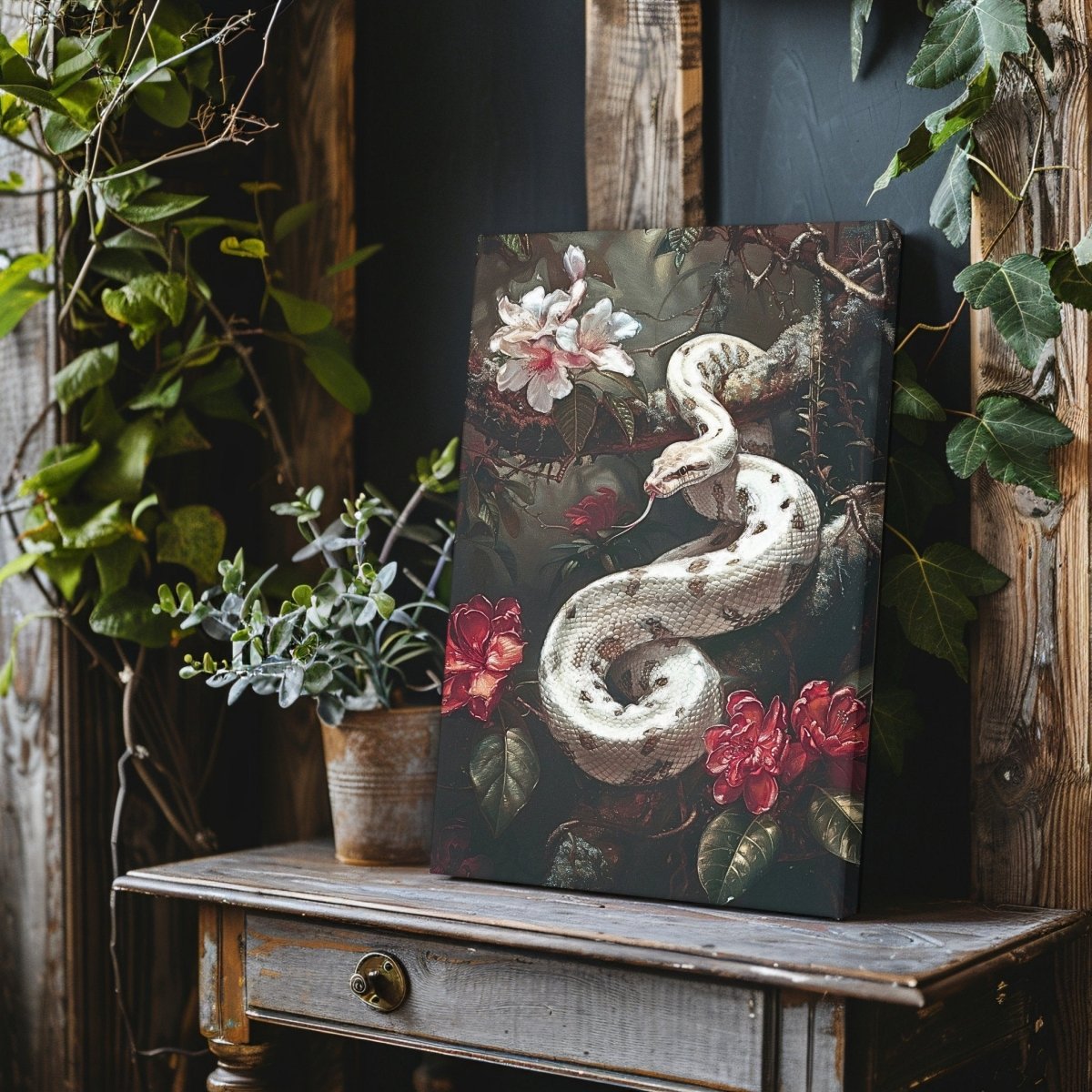 White Serpent Dark Canvas Print - Gothic Serpent Floral, Exotic Wildlife Botanical Art - Everything Pixel