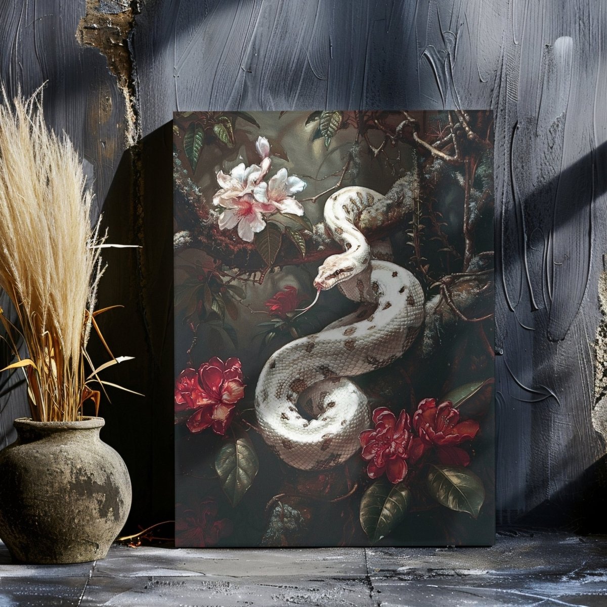 White Serpent Dark Canvas Print - Gothic Serpent Floral, Exotic Wildlife Botanical Art - Everything Pixel